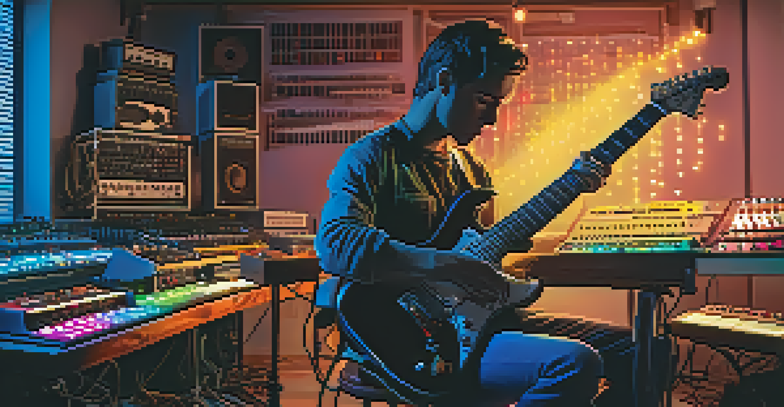 A guitarist in a studio filled with effects pedals and digital gear, illuminated by colorful lights.