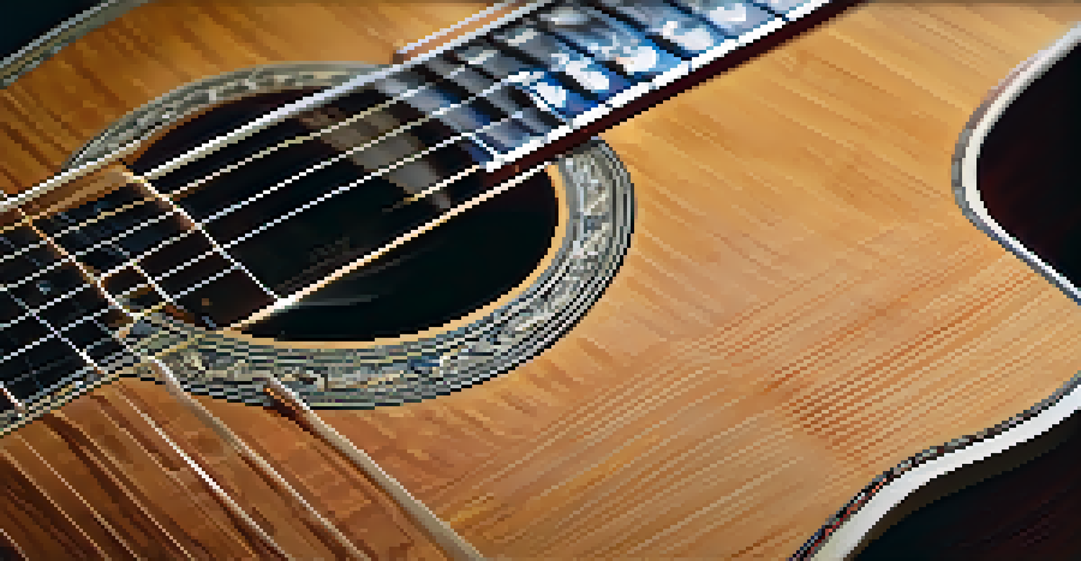 Close-up of a dreadnought guitar highlighting its wood grain and glossy finish in warm lighting.