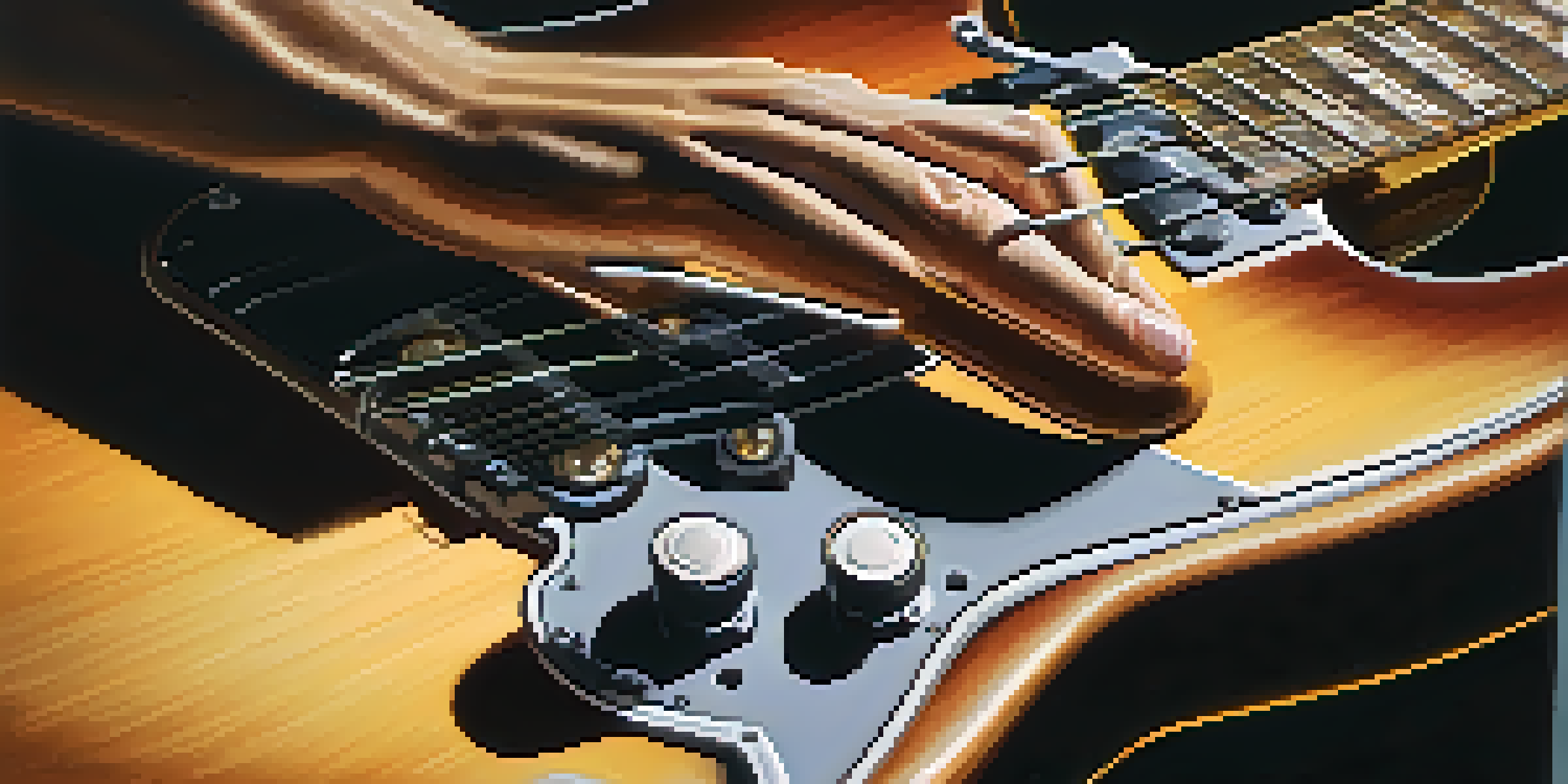 A close-up of a guitarist's hand performing palm muting on an electric guitar, with soft stage lighting and blurred equipment in the background.