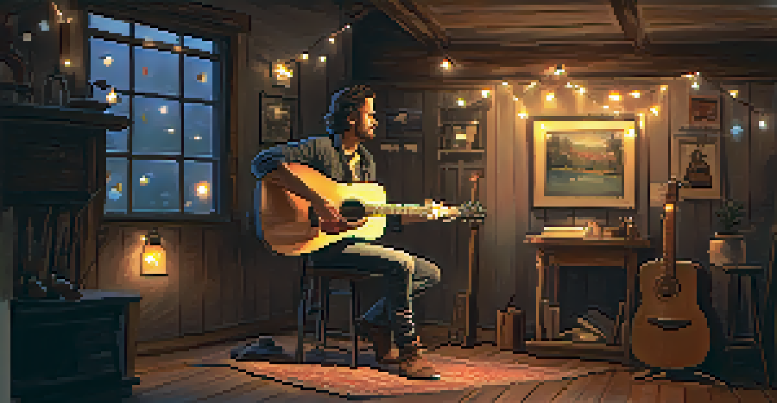 A singer-songwriter performing with an acoustic guitar in a cozy indoor setting lit by fairy lights.