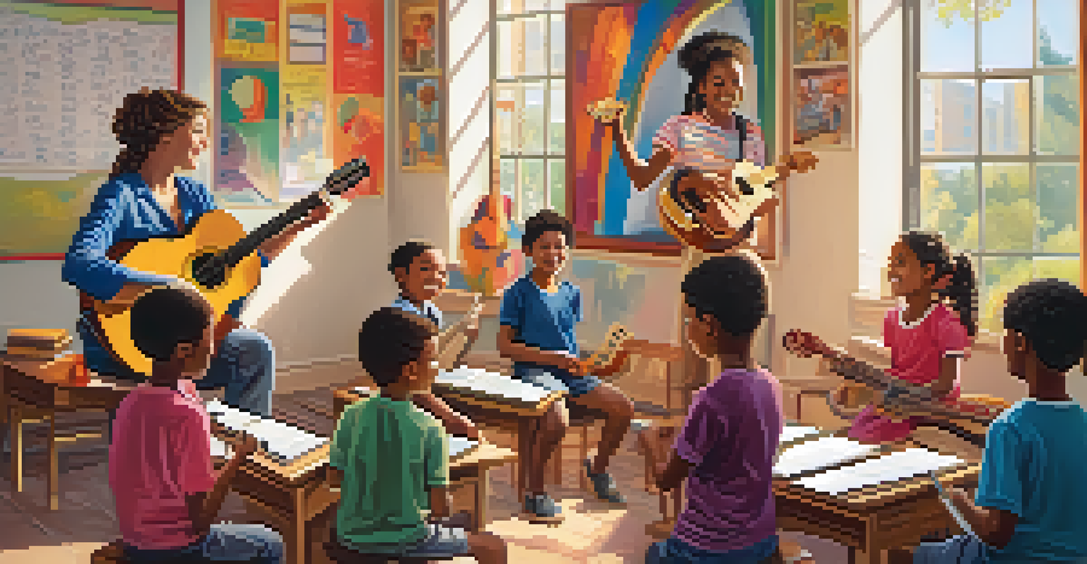 Children in a music class learning to play guitars with a smiling teacher and colorful educational posters in the background.