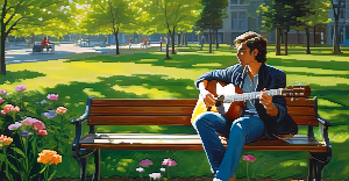 A musician playing an acoustic guitar on a wooden bench in a sunlit park, surrounded by trees and flowers.