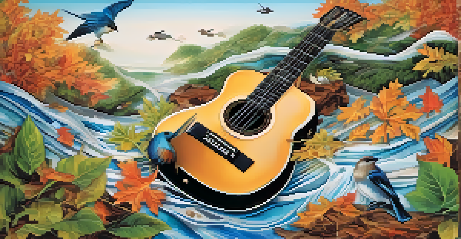 An abstract representation of a meditative soundscape with guitar music blending with nature sounds like water and birds.