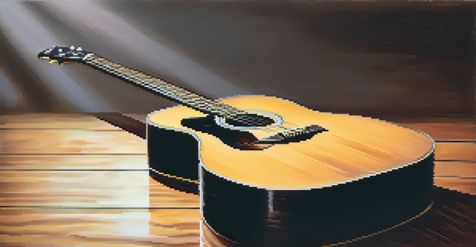 A close-up of a weathered acoustic guitar on a wooden stage, with soft lighting and blurred silhouettes of protesters in the background.