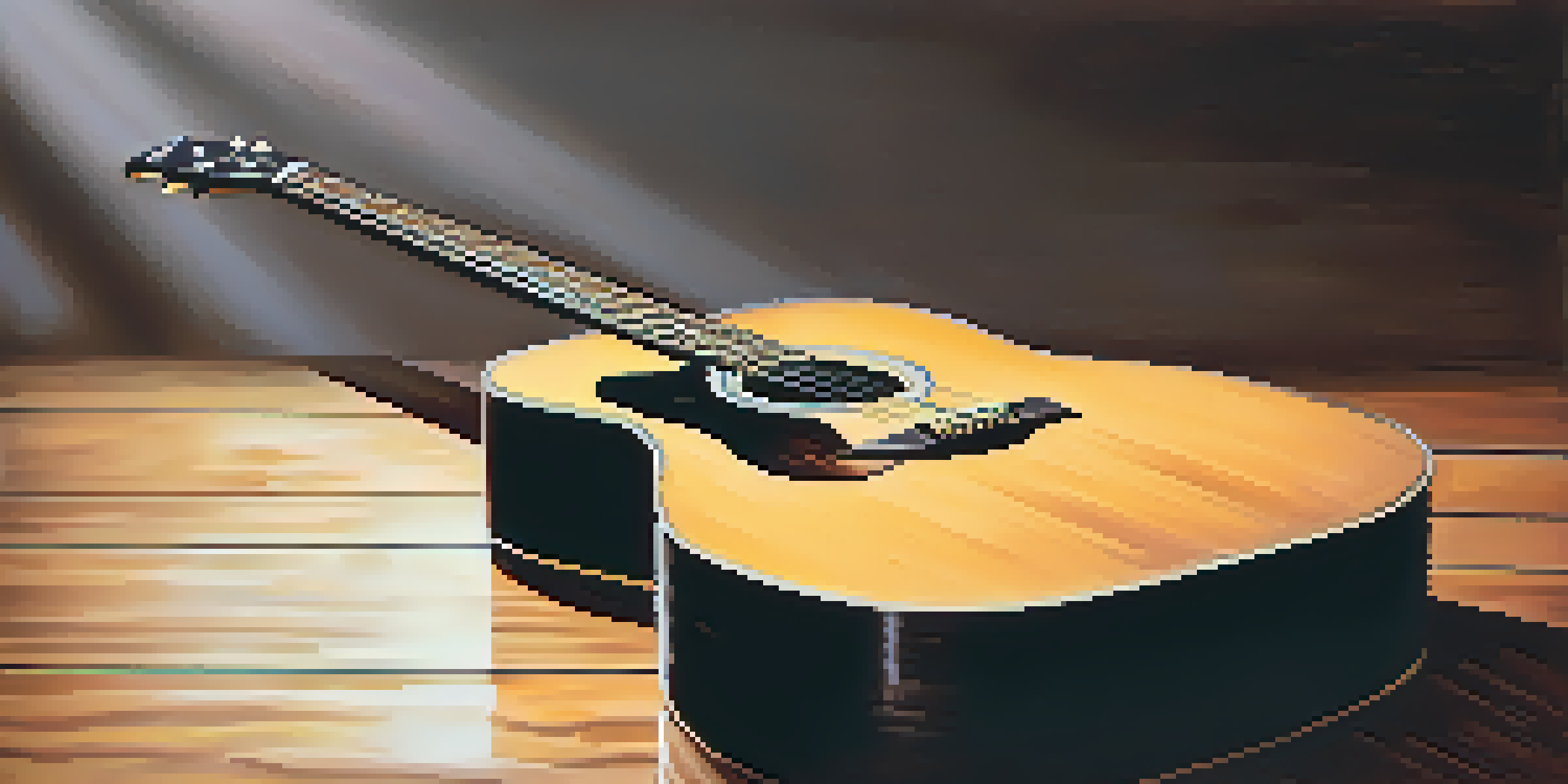 A close-up of a weathered acoustic guitar on a wooden stage, with soft lighting and blurred silhouettes of protesters in the background.