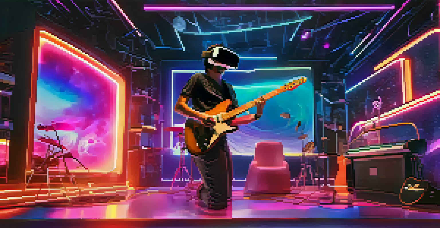 A musician using virtual reality to design a custom guitar, surrounded by neon lights and holographic displays.