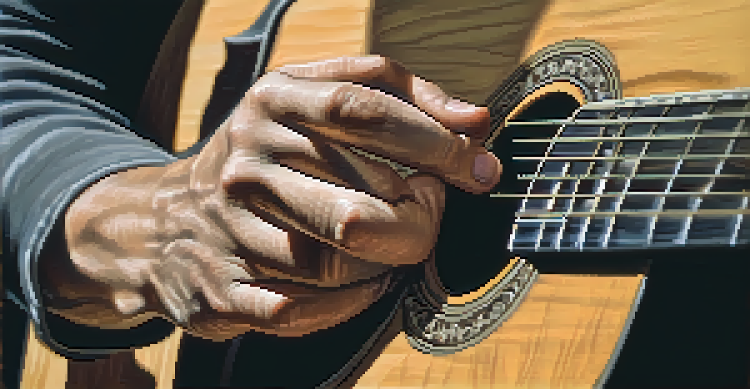A close-up of a guitarist's hands fingerpicking an acoustic guitar, showcasing the strings and wood grain of the instrument.