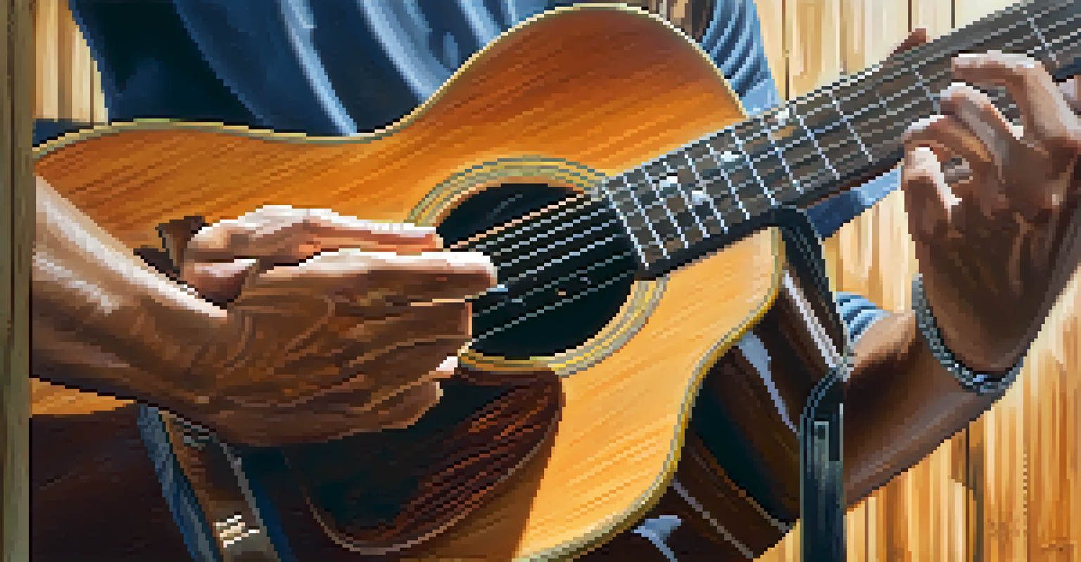 Close-up of hands strumming a guitar, highlighting the strings and fingers in motion.