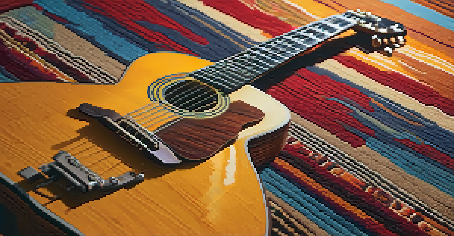 A guitar resting on a beautifully patterned thick rug, highlighting the contrast with acoustic panels in the background.