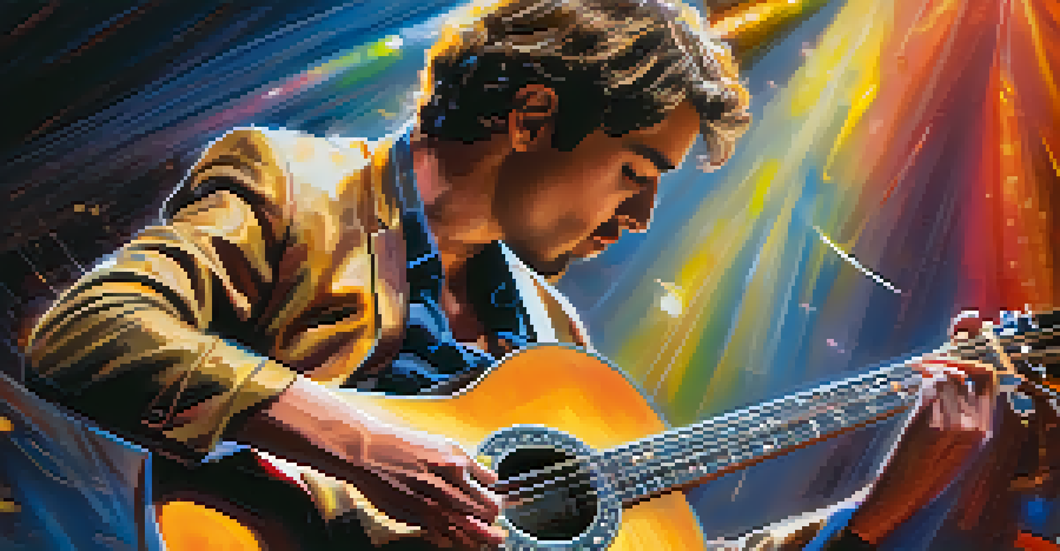 A guitarist strumming a steel-string acoustic guitar on stage, with colorful lights and a blurred audience in the background.