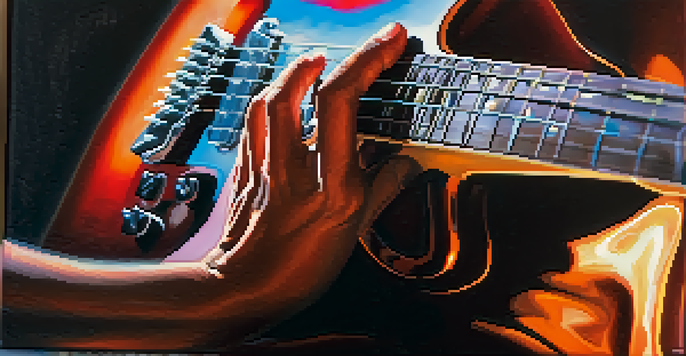 A guitarist's hands bending a note on an electric guitar, with a blurred stage background and warm lighting.