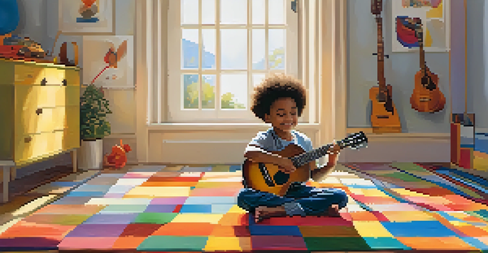 A child happily playing guitar on a colorful carpet in a bright room with sunlight and musical notes around.