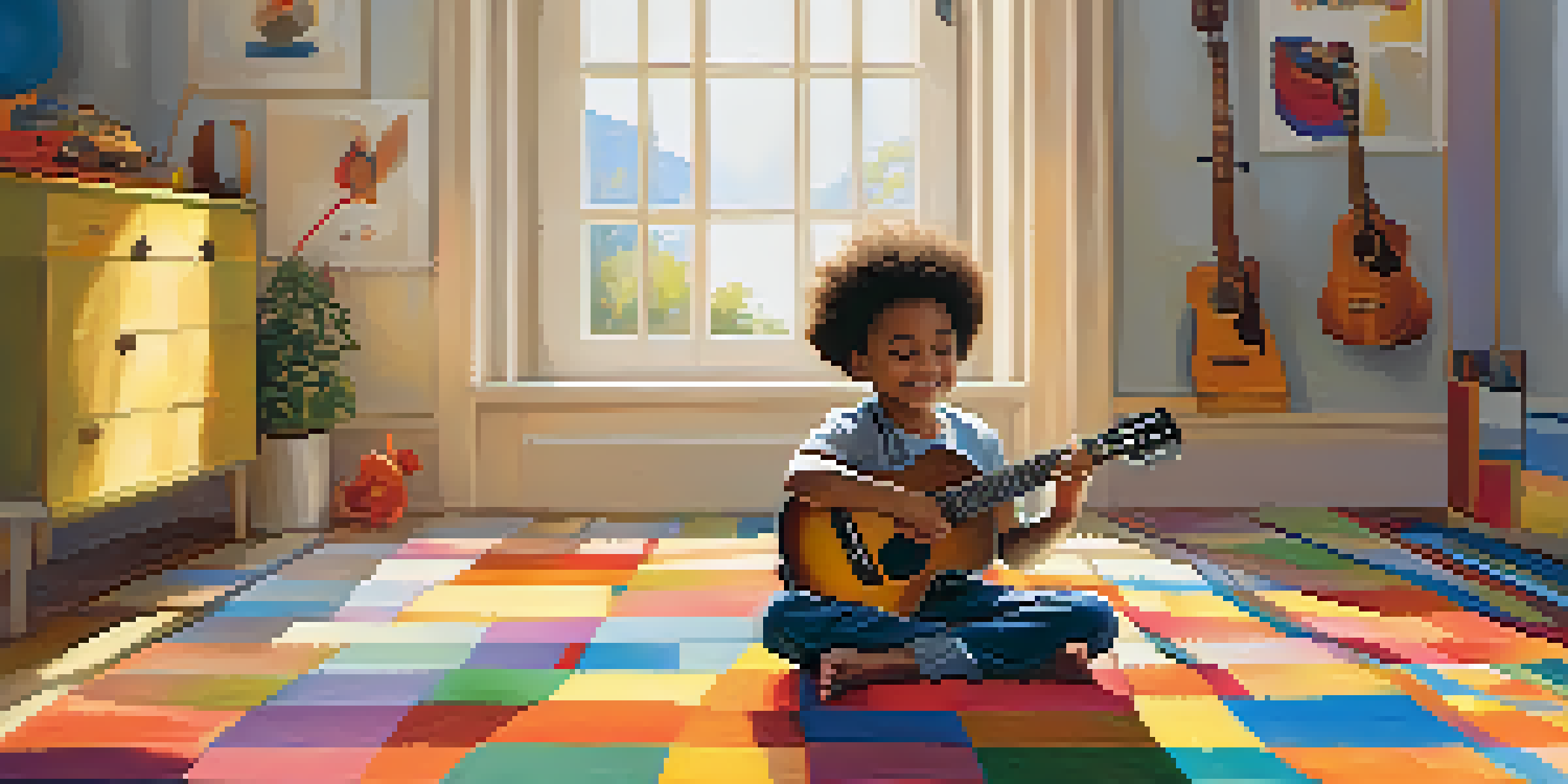 A child happily playing guitar on a colorful carpet in a bright room with sunlight and musical notes around.