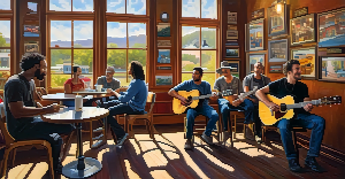 A cozy coffee shop filled with diverse musicians playing acoustic guitars, illuminated by warm sunlight.