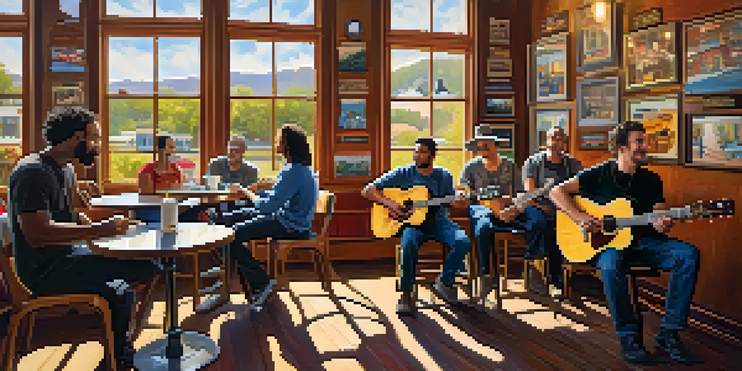 A cozy coffee shop filled with diverse musicians playing acoustic guitars, illuminated by warm sunlight.