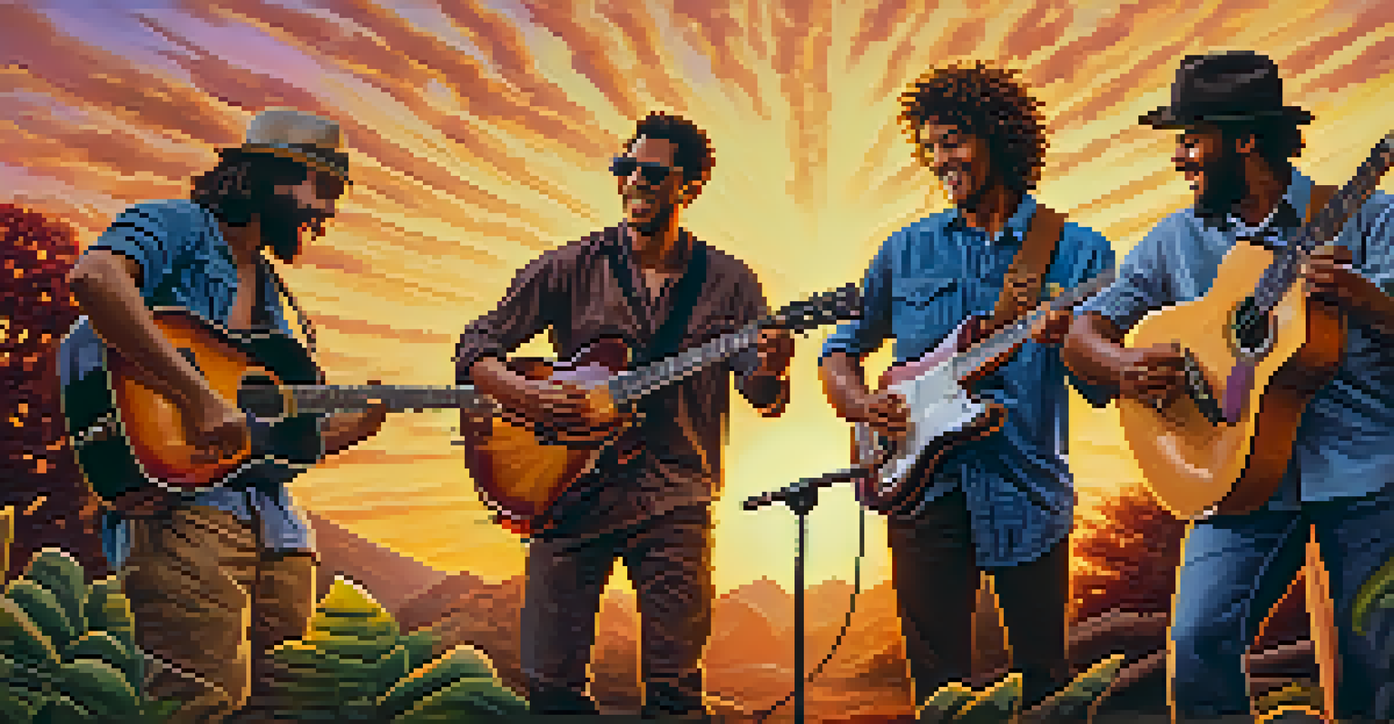 A group of musicians playing guitars together at sunset, creating a lively outdoor scene.