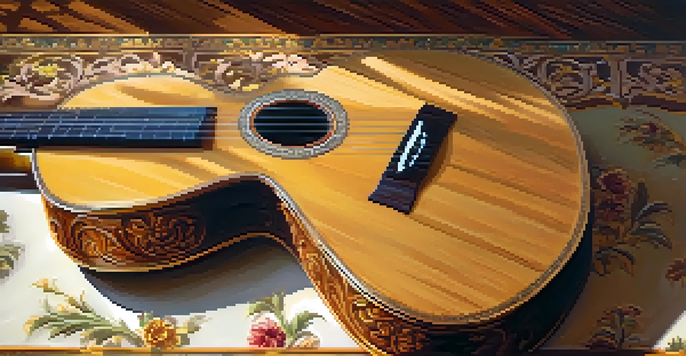 A Baroque guitar with intricate details resting on an ornate wooden table, illuminated by candlelight.