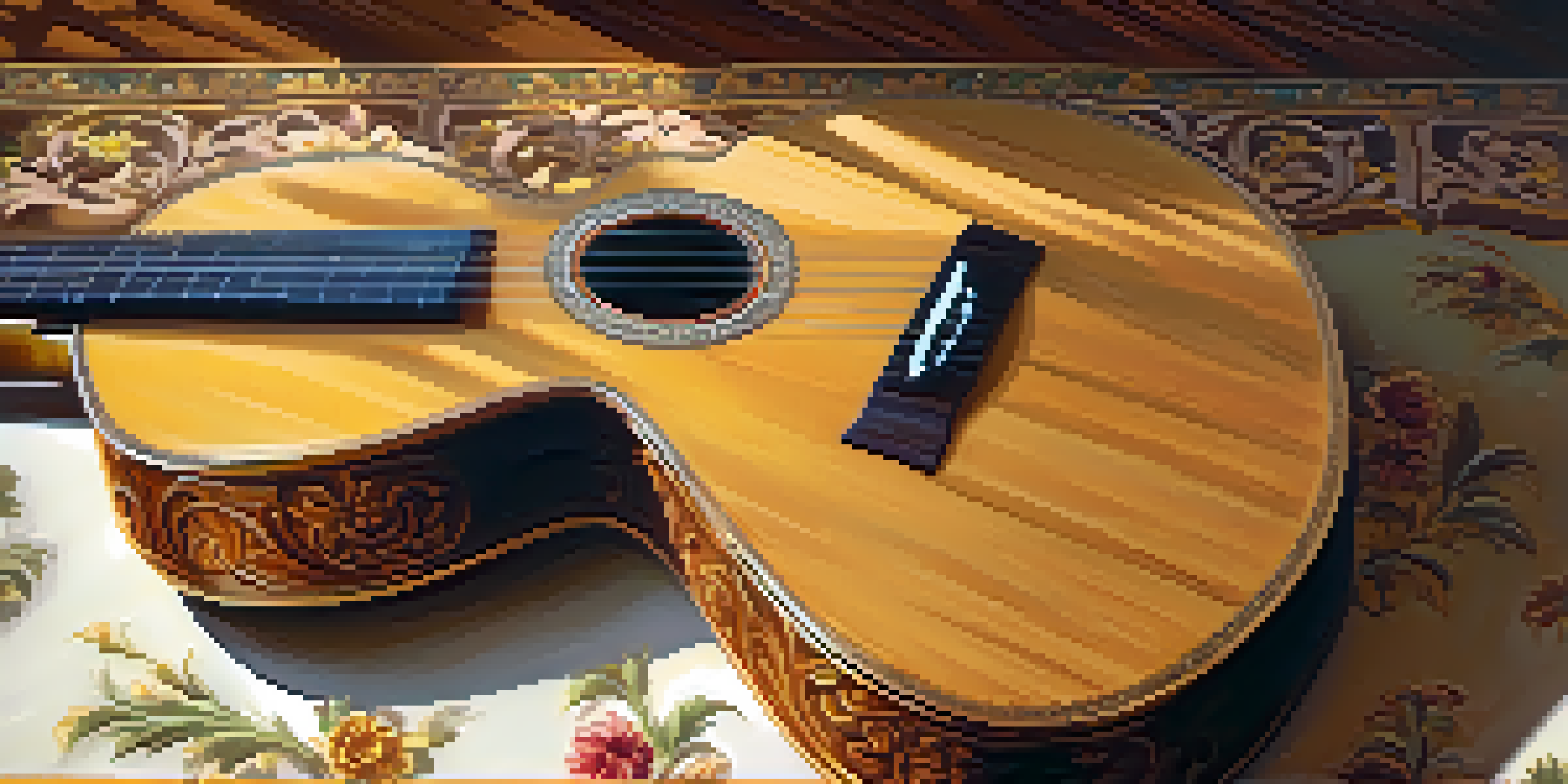 A Baroque guitar with intricate details resting on an ornate wooden table, illuminated by candlelight.