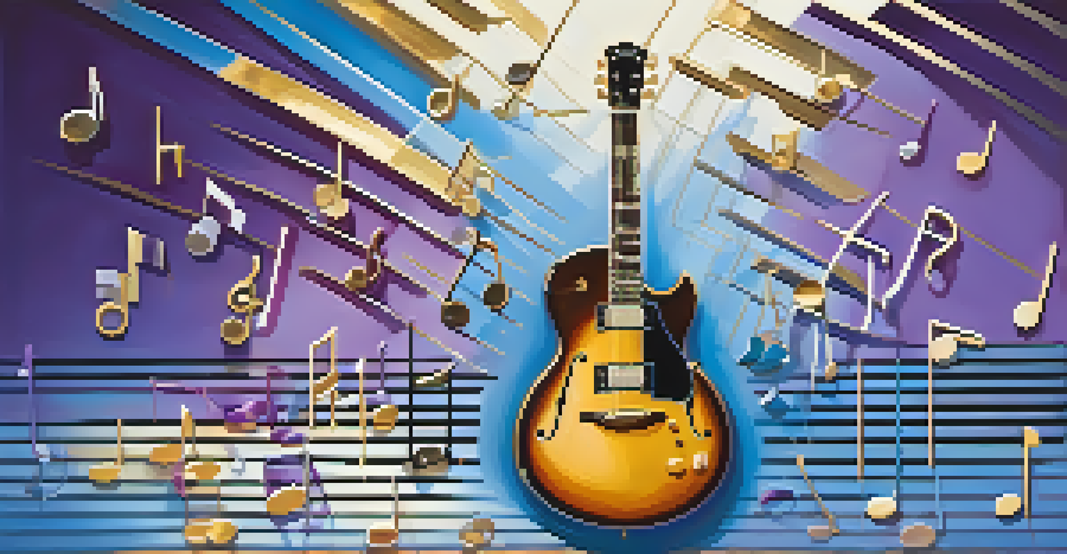 An abstract image of musical notes and guitar scales in vibrant colors on a blue and purple gradient background.