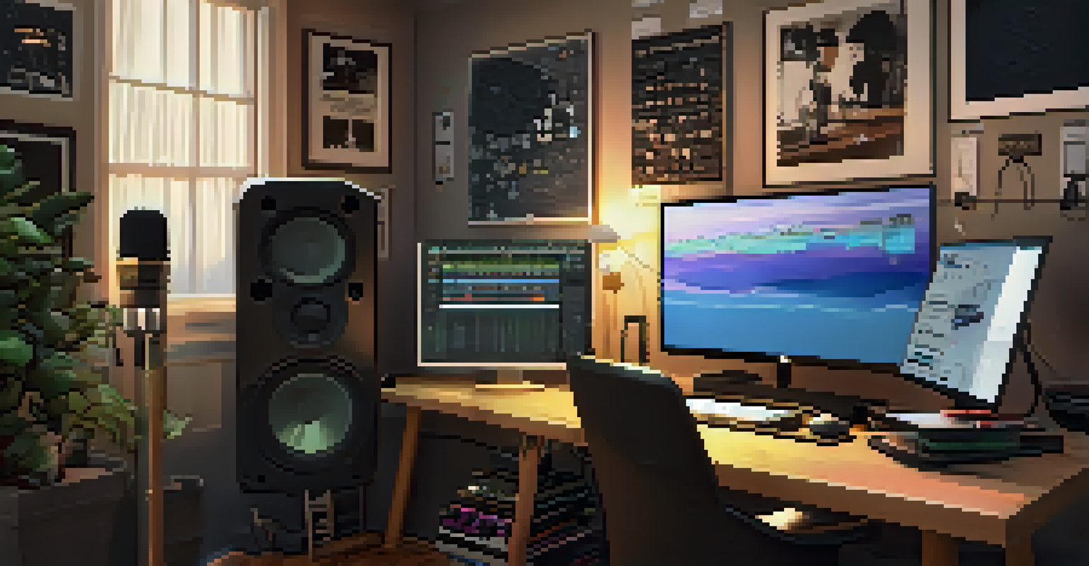 A home studio setup with a guitar, headphones, and a microphone, creating a warm and creative atmosphere.