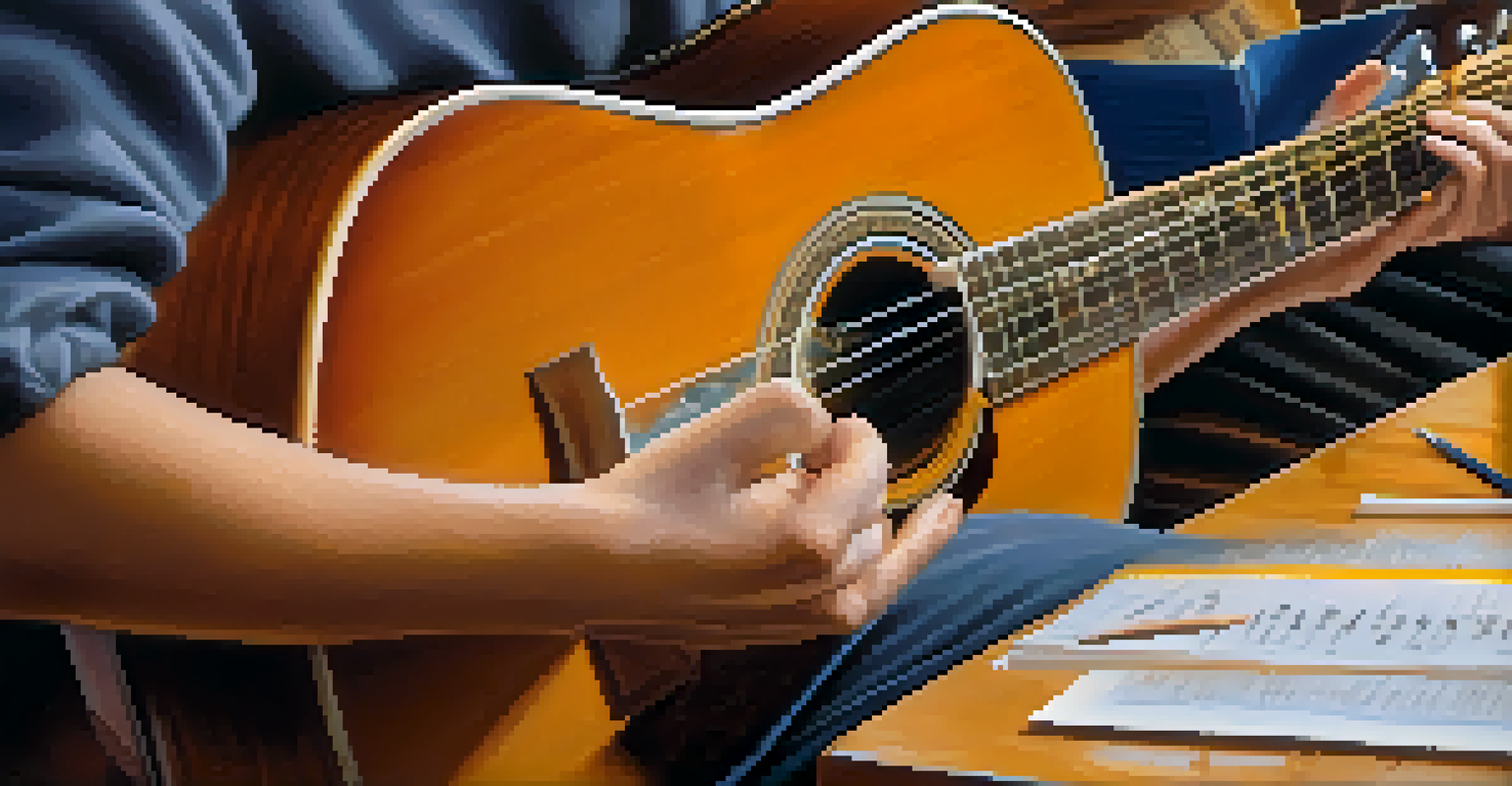 A close-up of a guitar teacher's hands showing chord formations on an acoustic guitar, with a blurred classroom background.