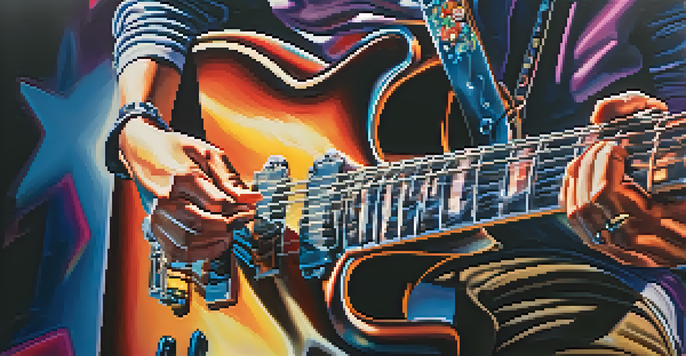 A guitarist's hands playing a major scale on an electric guitar, with colorful stage lights and a blurred audience in the background.