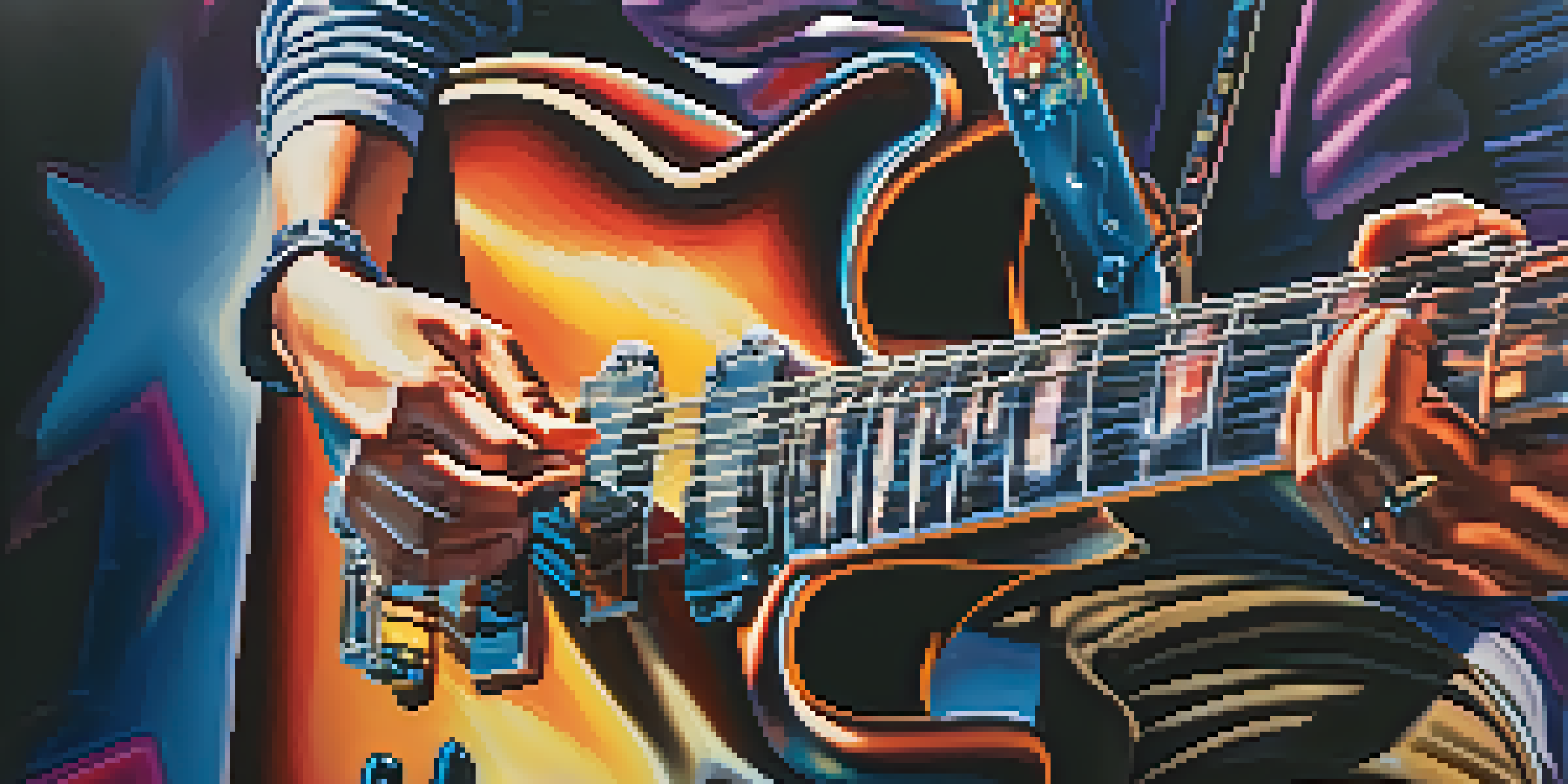 A guitarist's hands playing a major scale on an electric guitar, with colorful stage lights and a blurred audience in the background.