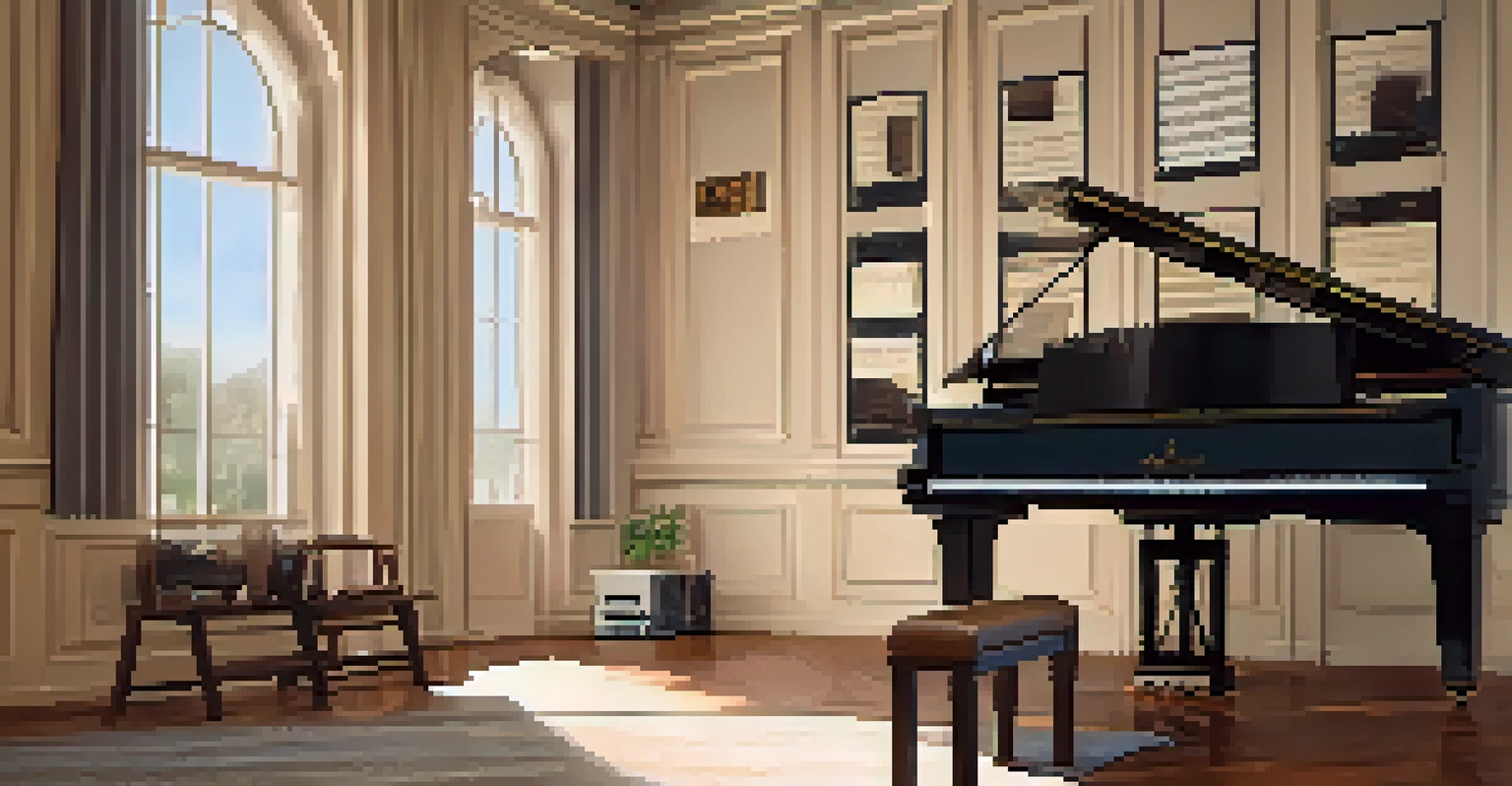 A classical guitar on a stand in a music studio with ambient lighting and sheet music in the background.