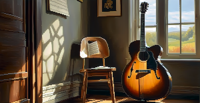 Archtop guitar resting on a wooden chair with natural light accentuating its curves and polished surface.