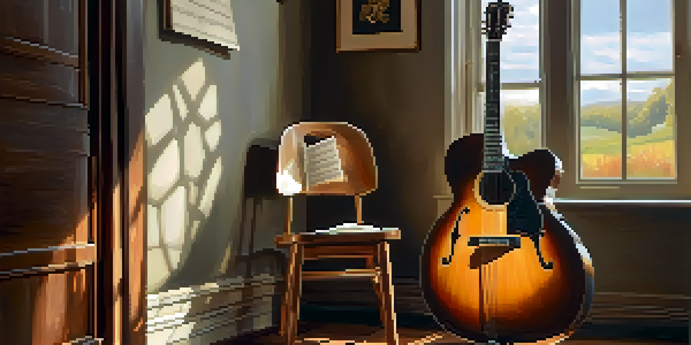 Archtop guitar resting on a wooden chair with natural light accentuating its curves and polished surface.