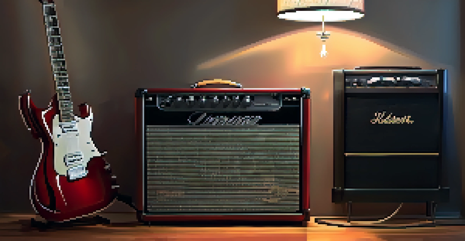 An electric guitar in a dimly lit room leaning against a vintage amplifier, with warm light highlighting the guitar's features.