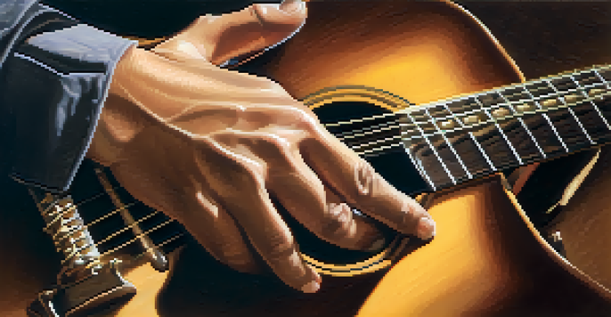 A guitarist's hands playing a guitar, focusing on finger placements and the instrument's details.