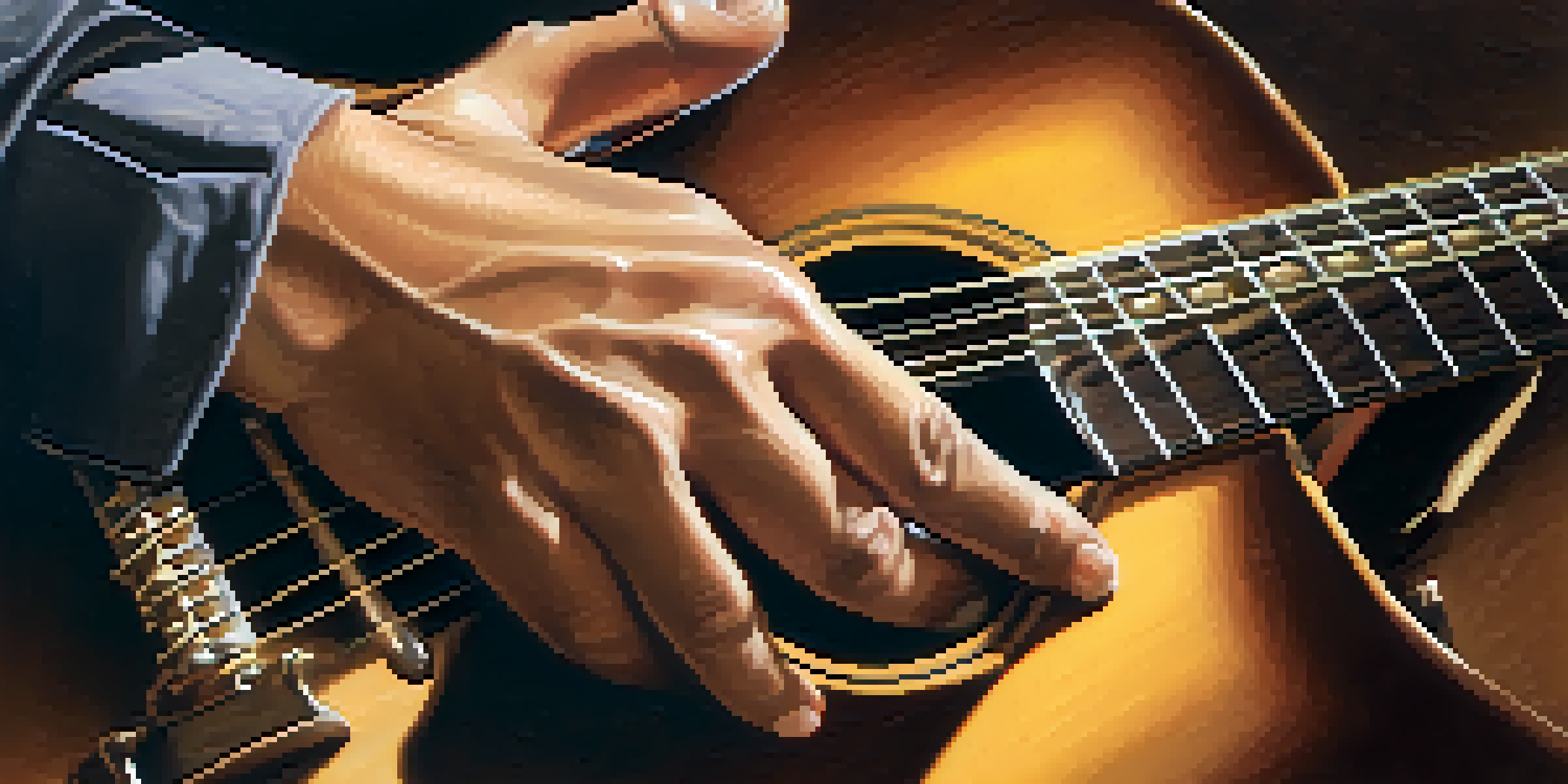 A guitarist's hands playing a guitar, focusing on finger placements and the instrument's details.