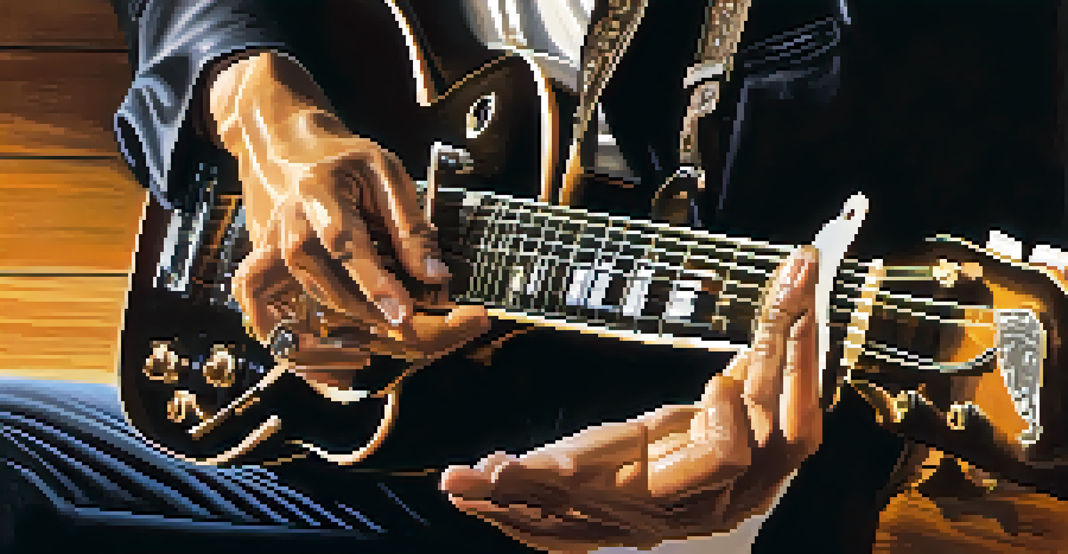 Close-up of a musician's hands playing a guitar, emphasizing the fingerpicking technique.