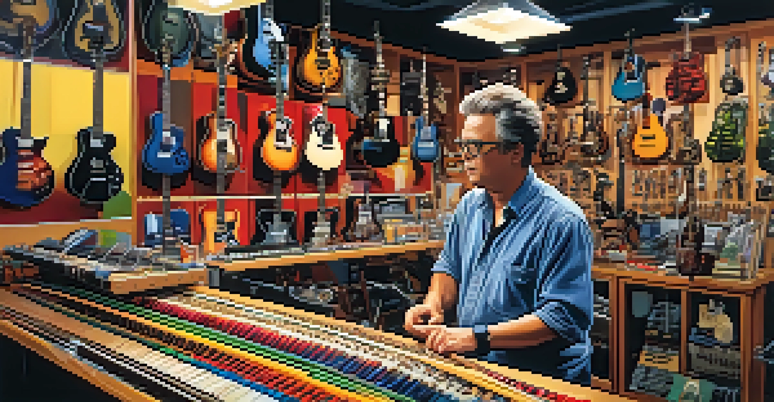 A guitar technician adjusting a guitar in a busy music shop with colorful displays and organized tools.