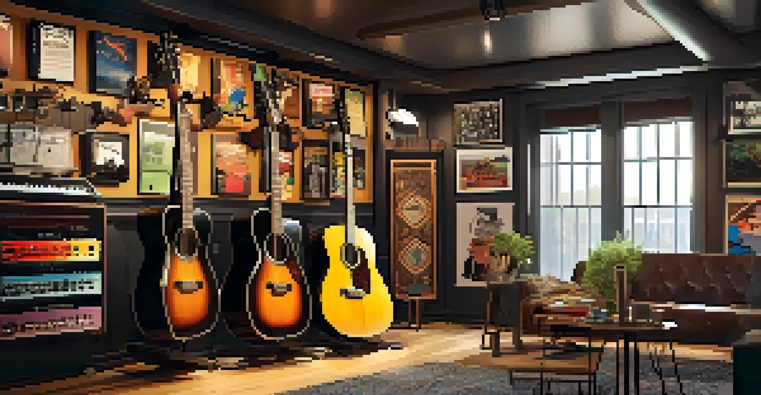 A wooden rack of guitars in a well-lit room with a hygrometer and a humidifier, decorated with musical posters.