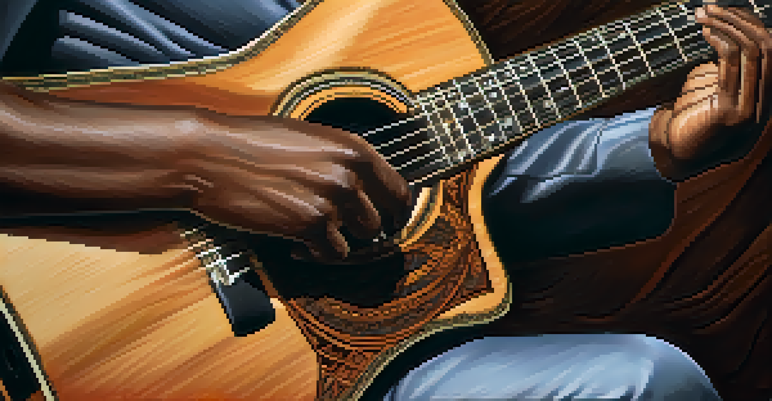 A close-up of a guitarist’s hands playing an acoustic guitar, with African patterns in the blurred background.
