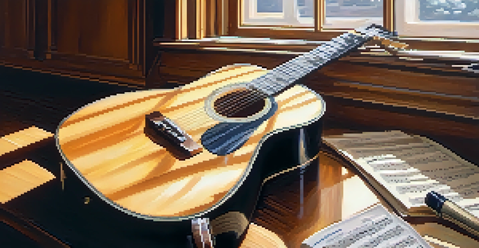 A close-up view of a guitar on a wooden table with sheet music and a metronome, illuminated by soft natural light.