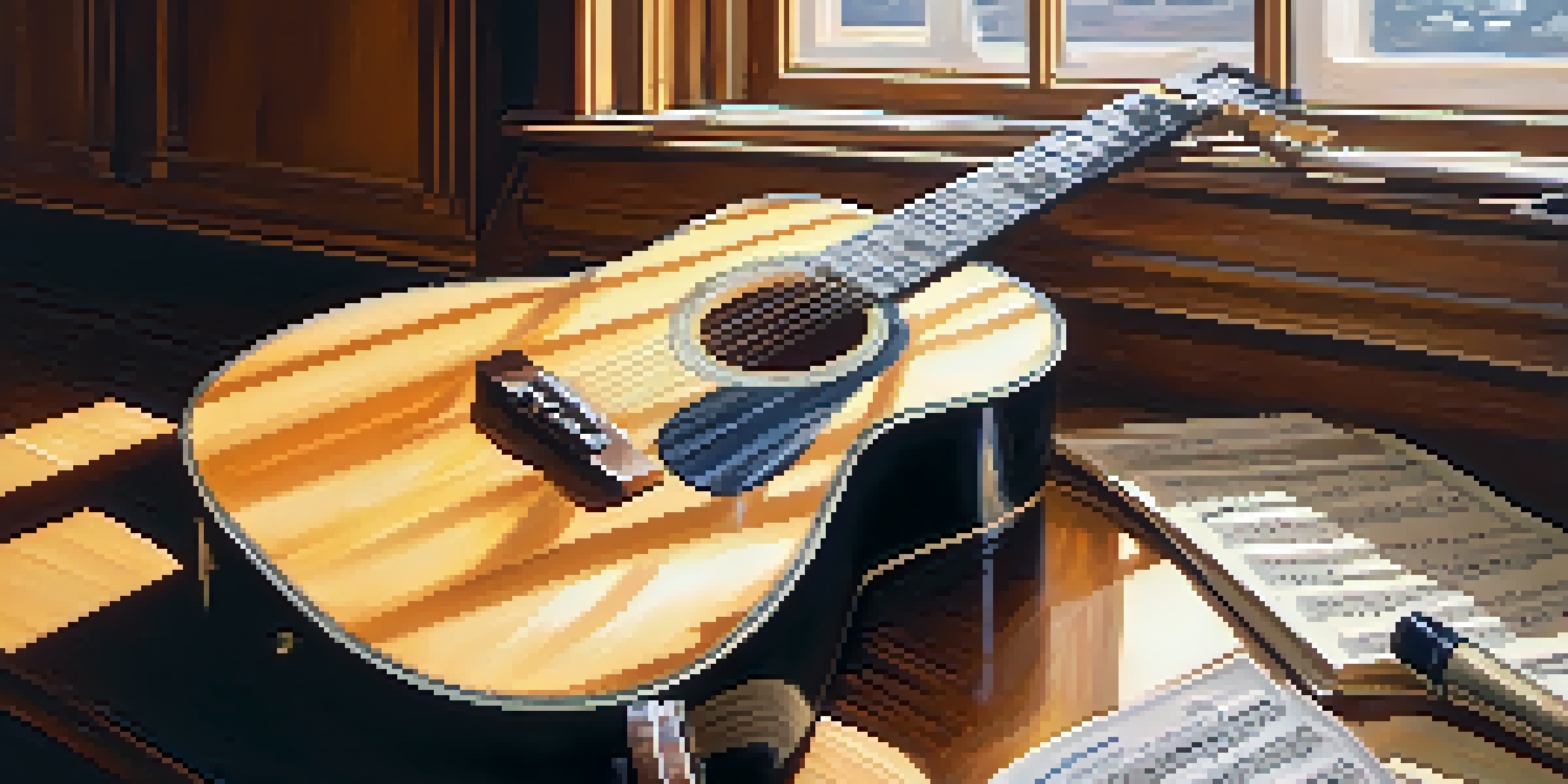 A close-up view of a guitar on a wooden table with sheet music and a metronome, illuminated by soft natural light.