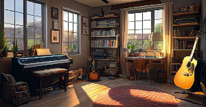 A cozy home studio with various guitars, wooden furniture, and natural light.