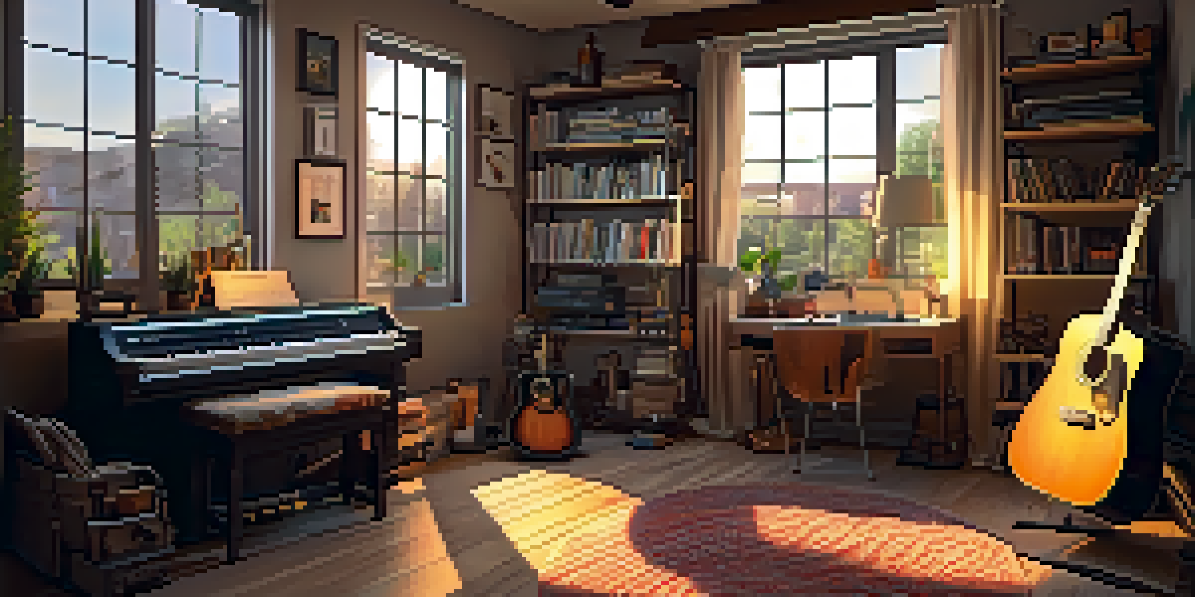 A cozy home studio with various guitars, wooden furniture, and natural light.