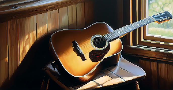 A close-up of an acoustic guitar on a stool with a tuner and picks beside it, illuminated by soft natural light.