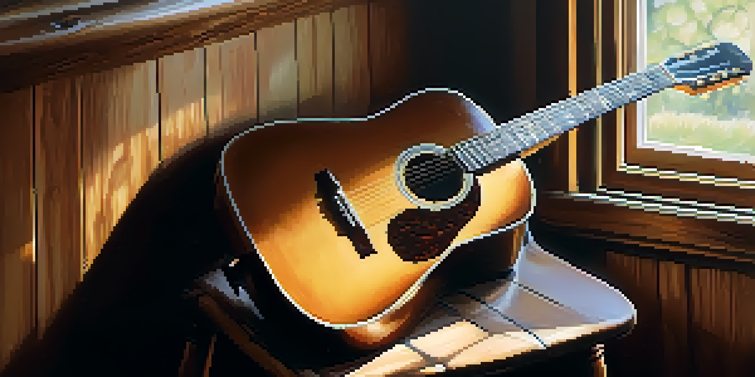 A close-up of an acoustic guitar on a stool with a tuner and picks beside it, illuminated by soft natural light.