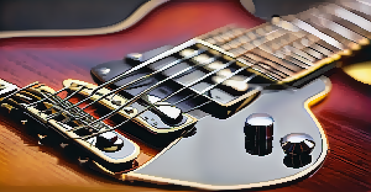 A close-up view of an electric guitar displaying its detailed wood grain and shiny strings against a blurred warm background.