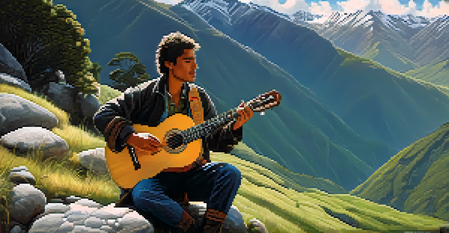 A guitarist playing a charango while sitting on a rock in the Andean mountains, surrounded by lush greenery and snow-capped peaks.