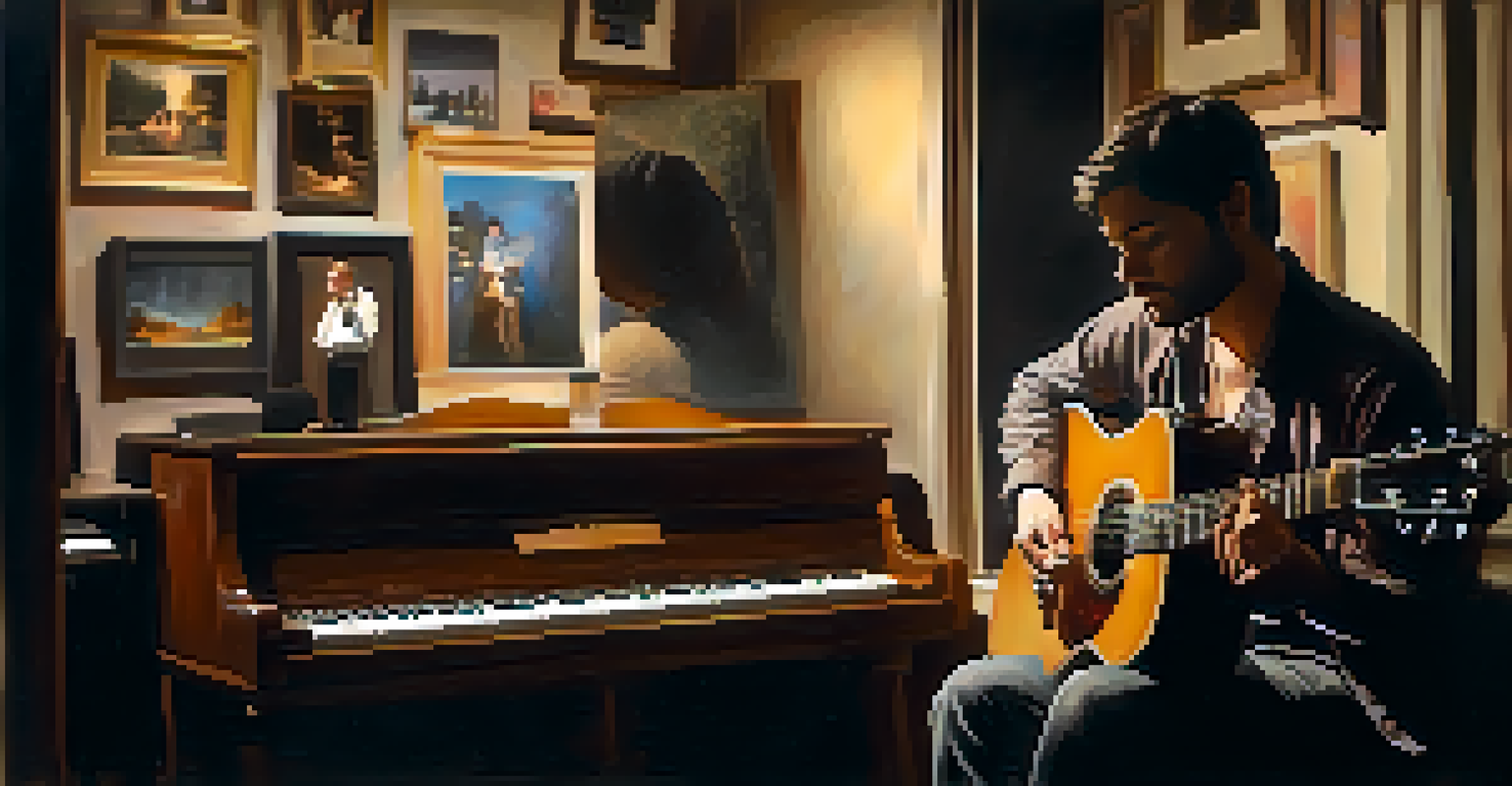 A musician sharing a story on stage, with a captivated audience in a cozy, dimly lit environment.