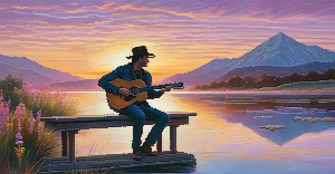 A guitarist playing an acoustic guitar on a dock at sunset with colorful sky and calm water.