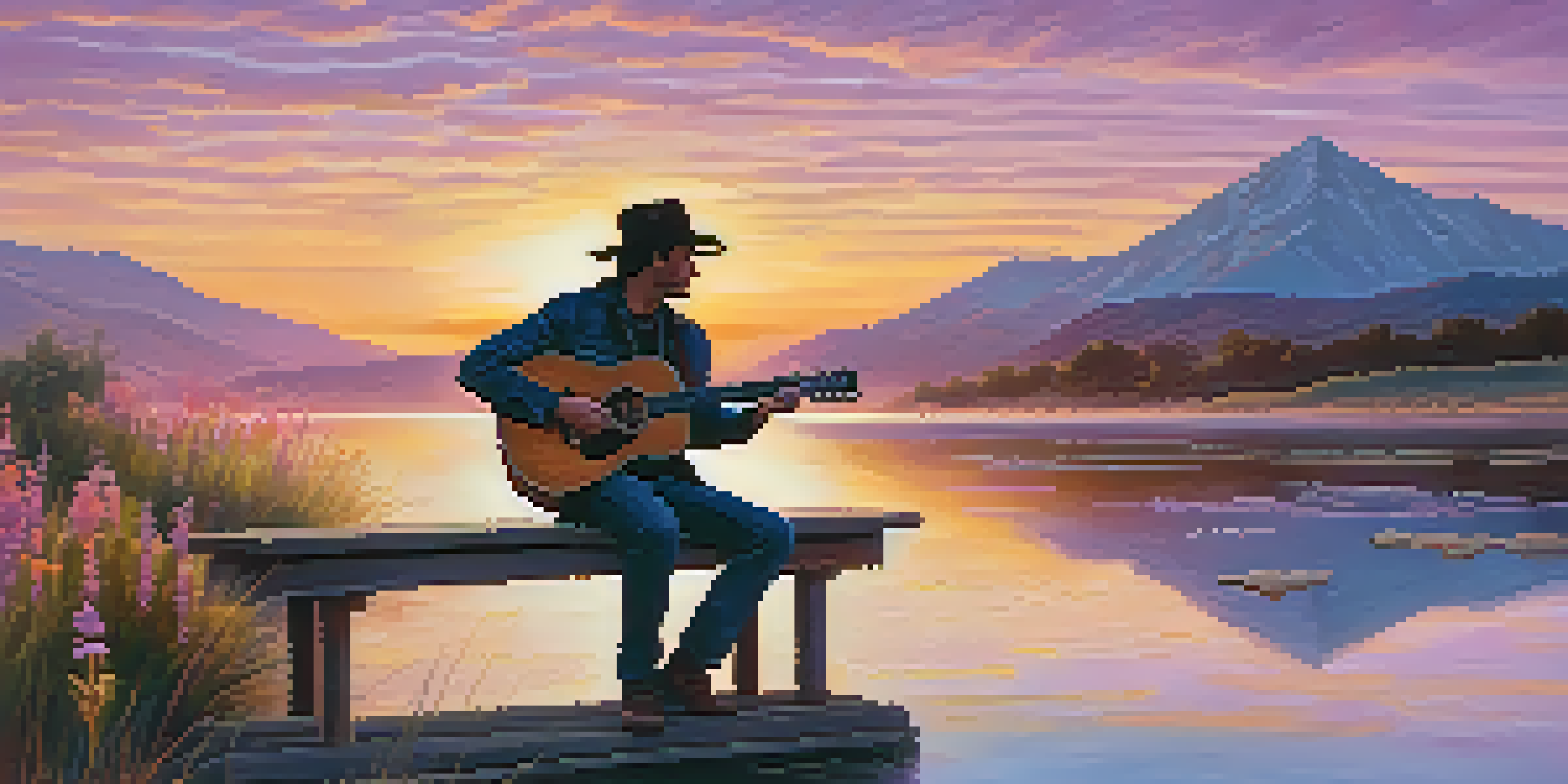 A guitarist playing an acoustic guitar on a dock at sunset with colorful sky and calm water.