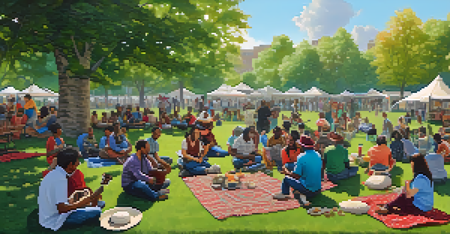 A lively community music gathering in a park with musicians and an audience enjoying the performances.
