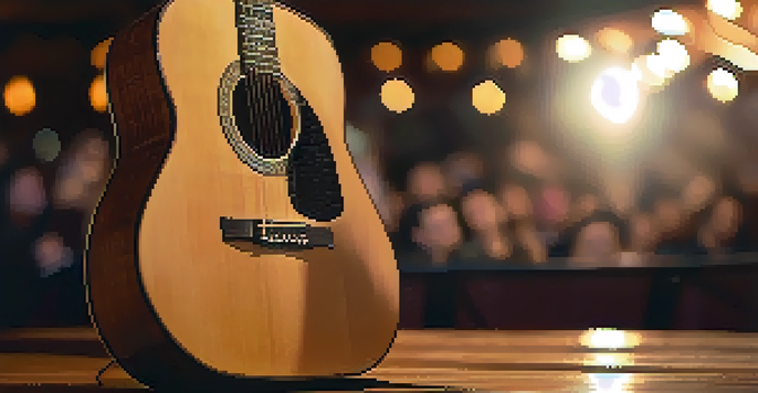 A close-up of an acoustic guitar on a wooden stage with warm lighting and blurred audience silhouettes in the background.